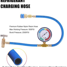 JIFETOR AC Charge Hose with Gauge for R134A, Car HVAC Refrigerant Recharge Kit, Auto Air Conditioning U Charging Hose Low Pressure Measuring Meter with 1/4" Fittings, Can Tap, Quick Coupler, 23" Long