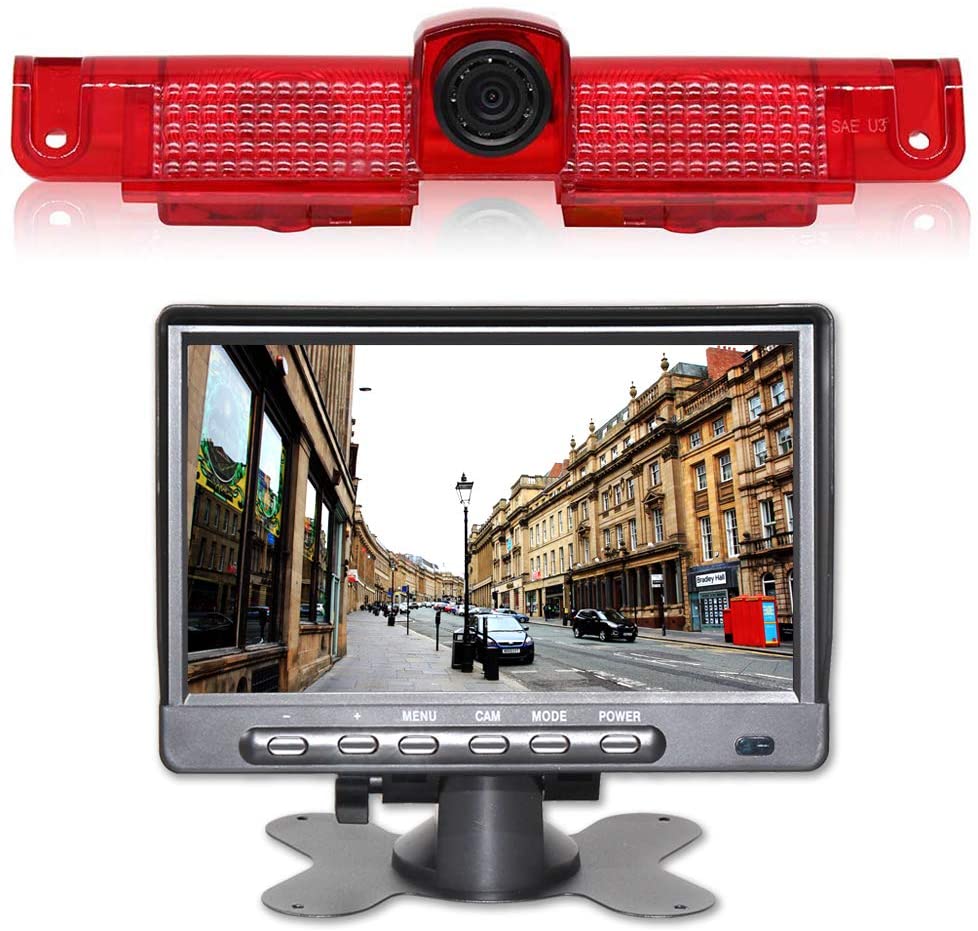 EWAY Third Brake Light Backup Camera & 7 inch Monitor Kit for GMC Savana/Chevy Express Explorer 1500 2500 3500 2003-2019 Spilt Screen Top High Mount Reverse Reversing Parking Auto Cargo Cameras
