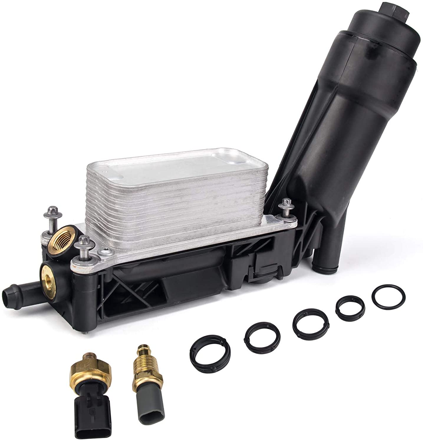 Engine Oil Cooler Filter Housing Adapter w/Sensors 3.6L 3.2L Compatible with 2011 2012 2013 Chrysler 200, 300, Town & Country, Dodge, Jeep Grand and More OE#5184294AE