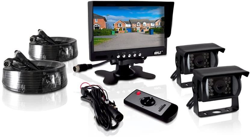 Pyle PLCMTR72 Weatherproof Rearview Backup Camera and Monitor Video System for Bus, Truck, Trailer and Van (2 Cams, 7'' Monitor, Dual DC 12-24V), Black
