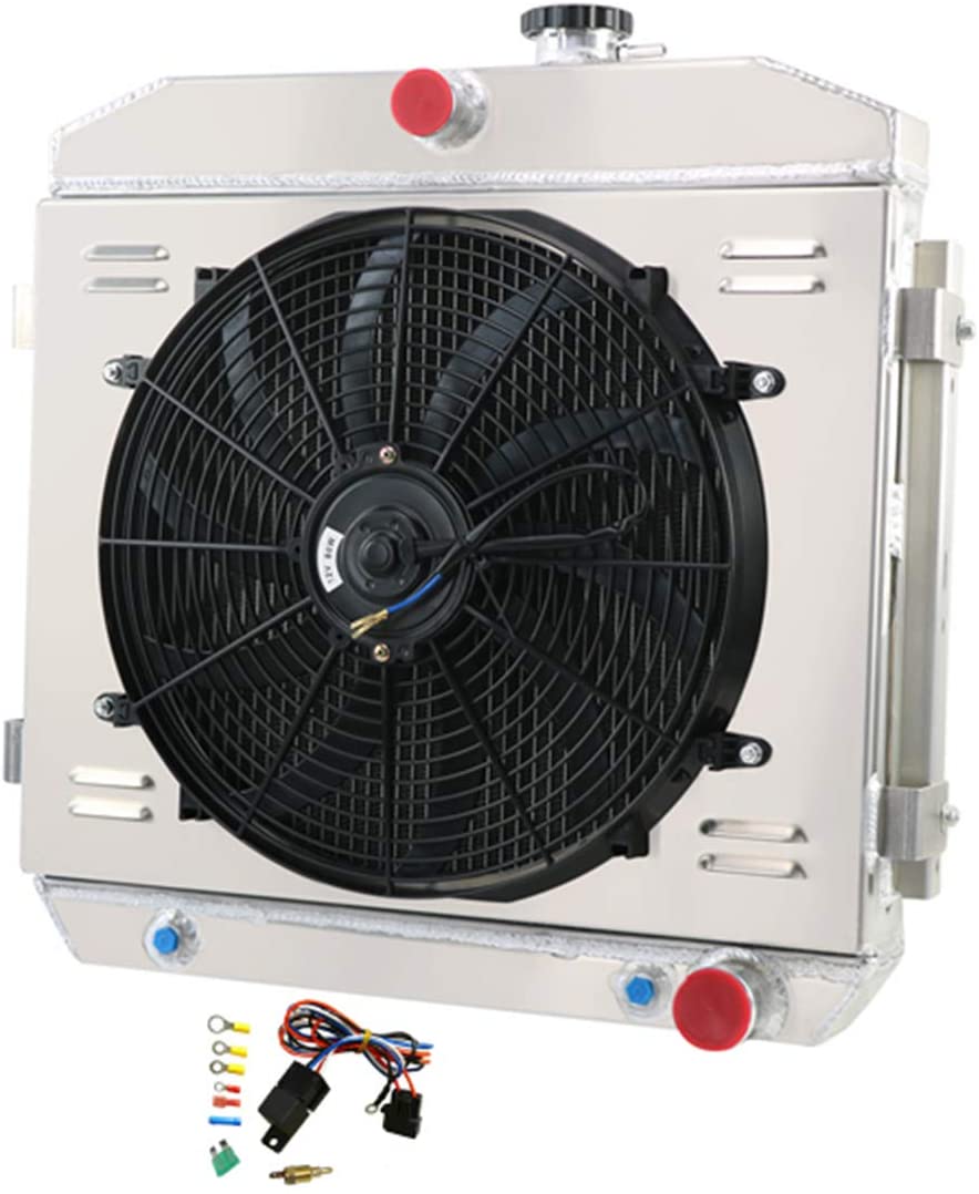 CoolingSky 3 Row Aluminum Radiator +Fan Shroud Combo &Thermostat Relay Kit for 1955-1957 Chevy Bel Air/Nomad/Del Ray /150 /210丨More V8 Cars