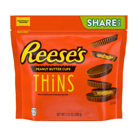 REESE'S, THiNS, Milk Chocolate Peanut Butter Cups Candy, Valentine's Day Candy, 7.37 Oz., Share Bag
