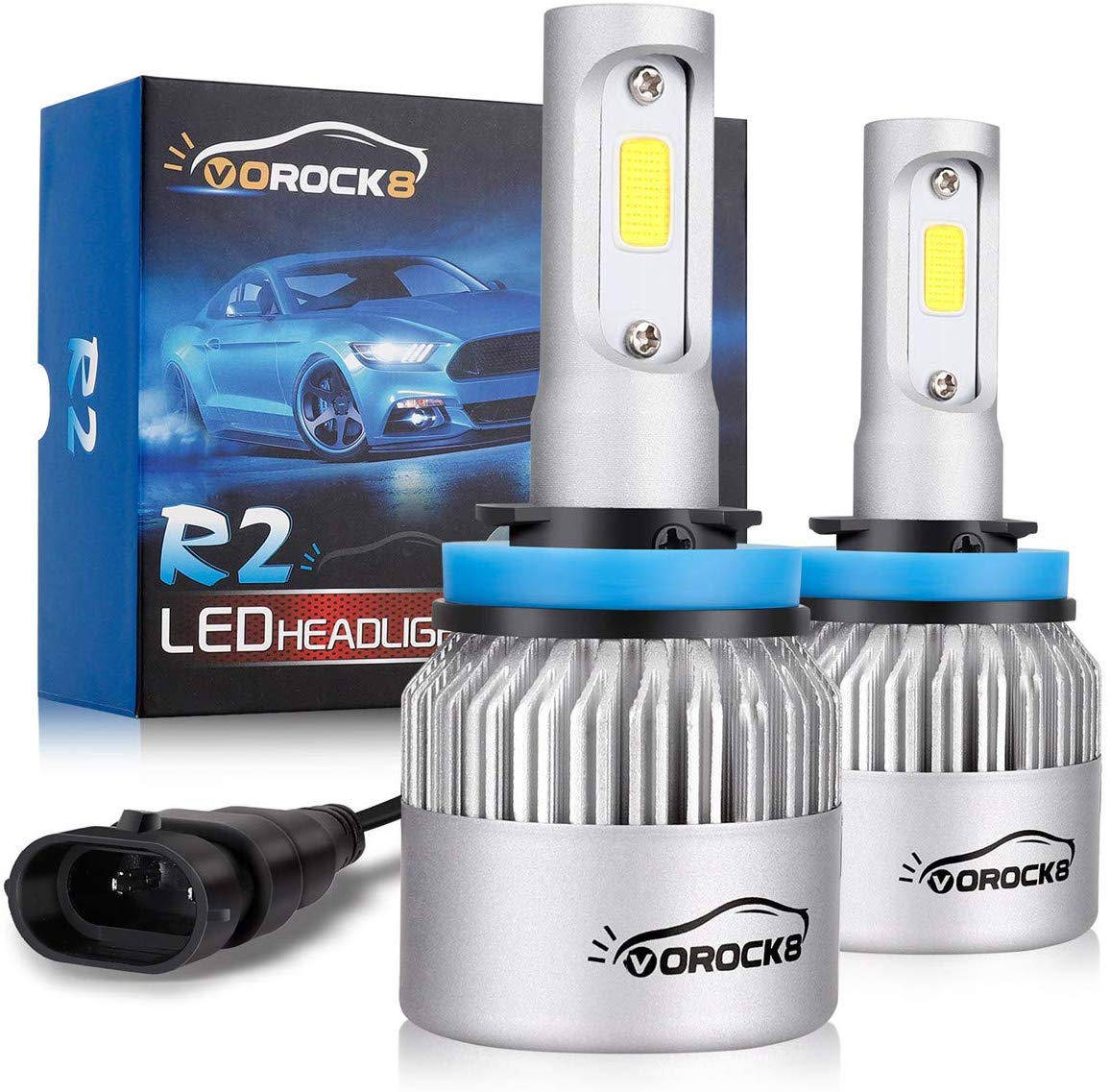 VoRock8 R2 COB H11 H8 H9 H16 8000 Lumens Led Headlight Conversion Kit, Low Beam Headlamp, Fog Driving Light, Halogen Head Light Replacement, 6500K Xenon White, 1 Pair