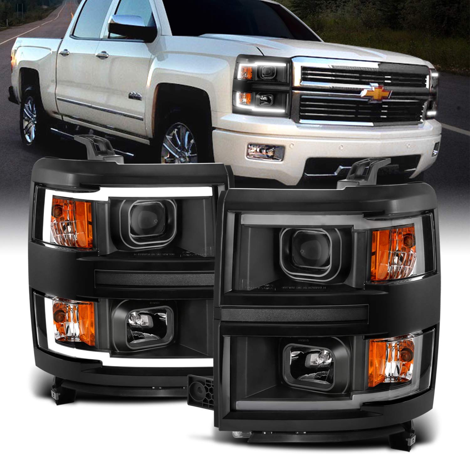 AmeriLite Black Projector Dual LED DRL Bar Headlights Pair for 2014-2015 Chevy Silverado 1500 - Driver and Passenger Side