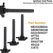 Ignition Coil UF751 4 Pack UF754 Ignition Coil Pack Compatible with Chrysler 200 Jeep Renegade Jeep Cherokee Renegade Fiat Dodge L4 2.4L 68242286AA, 68080580AB, B224, 0221504050