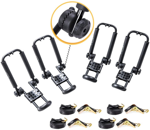 AA-Racks 2 Pair J-Bar Rack Roof Top Mount with 16 Ft Ratchet Lashing Straps, Folding Carrier for Your Canoe, SUP and Kayaks on SUV Car Truck