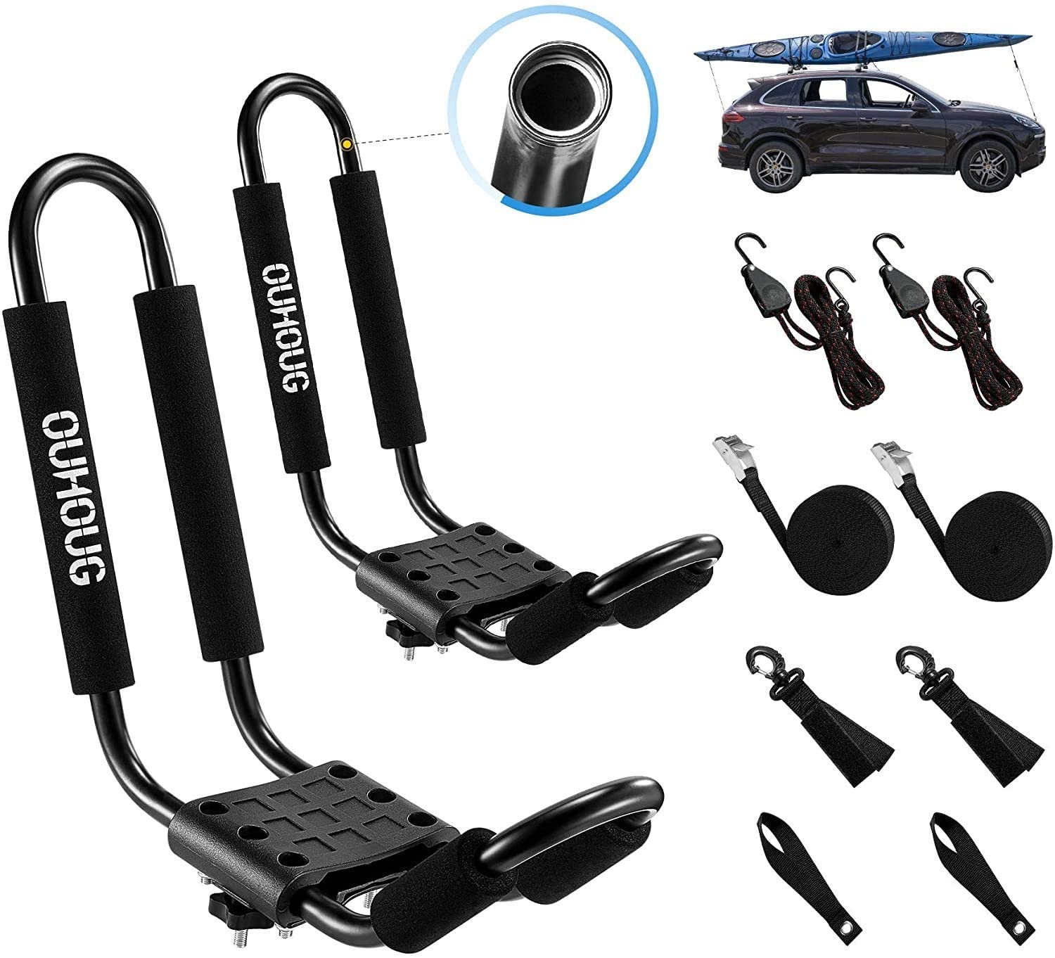 J-bar Kayak roof Rack,Universal Rack Carrier for Kayaks Boat Surf Ski Canoe, SUP, Surfboard and Ski Board Rooftop Mount Rack on SUV