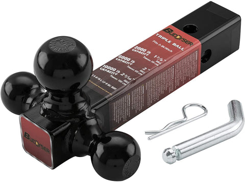 BUDDYSER 62005 Trailer Hitch Tri Ball Mount, Black Powder-Coated, Hollow Shank, Pin and Clip Included