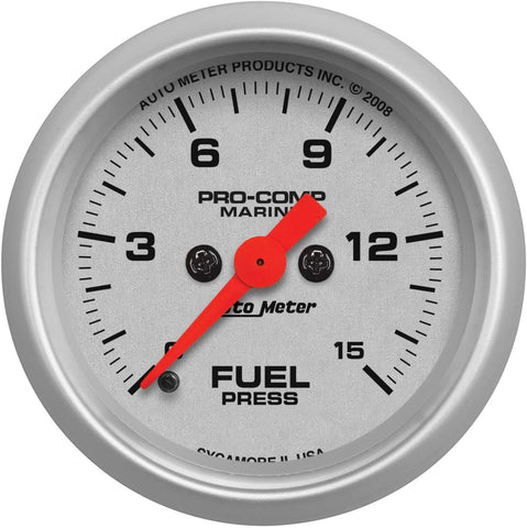 AutoMeter 200848-33 Silver Dial Face Brushed Aluminum Bezel Fluorescent Red Pointer White Incandescent Lighting Digital Stepper Motor 0-15 PSI Marine Fuel Pressure Gauge