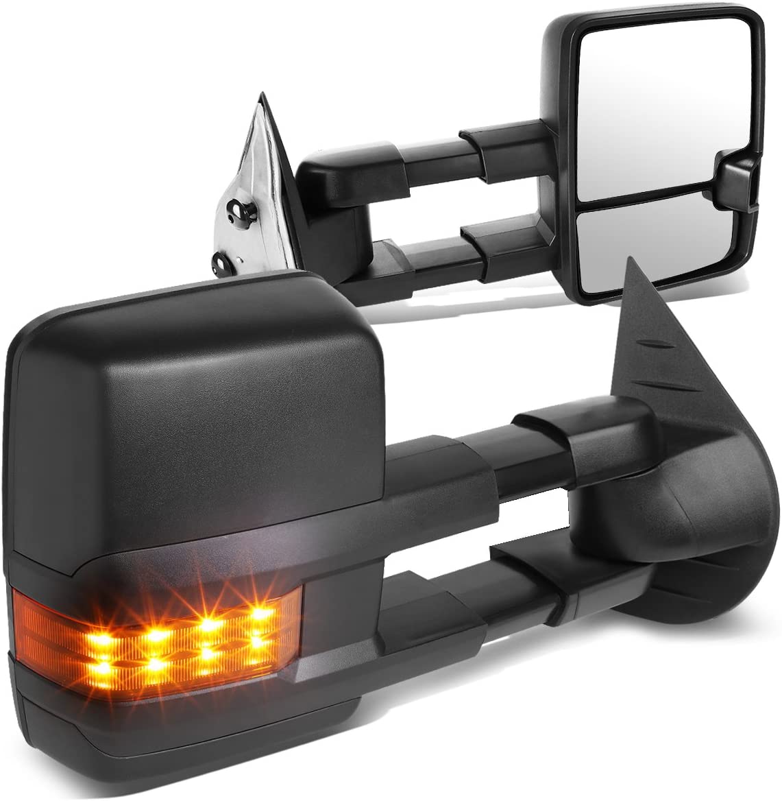 Pair Black Manual Telescoping Amber LED Turn Signal Lights Towing Mirrors Replacement for Silverado Sierra GMT900 07-14