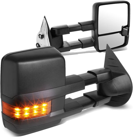 Pair Black Manual Telescoping Amber LED Turn Signal Lights Towing Mirrors Replacement for Silverado Sierra GMT900 07-14