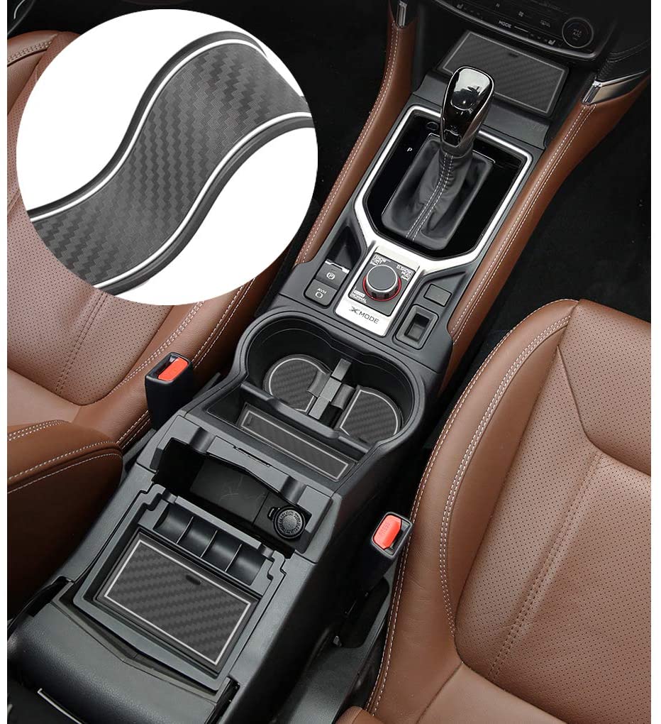 JIECHEN Non-Slip Anti-dust Custom Fit Cup Holder, Door, and Center Console Liner Accessories for 2019 2020 Subaru Forester 17-pc Set (Carbon Fiber Pattern - White)