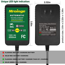 Mroinge 12V 2A Lead Acid/Lithium(LiFePO4) Automatic Trickle Battery Charger Smart Battery Maintainer for Car Motorcycle Lawn Mower Boat ATV SLA AGM GEL CELL Lithium(LiFePO4) and More Batteries