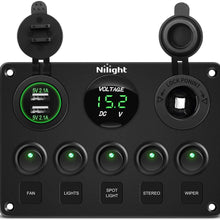 Nilight 90101E 5Gang Multi-Function 5 Gang Rocker Dual USB Charger + Digital Volmeter +12V Outlet Pre-Wired Switch Panel with Circuit Breakers for RV Car Boat Truck Trailer,2 Years Warranty