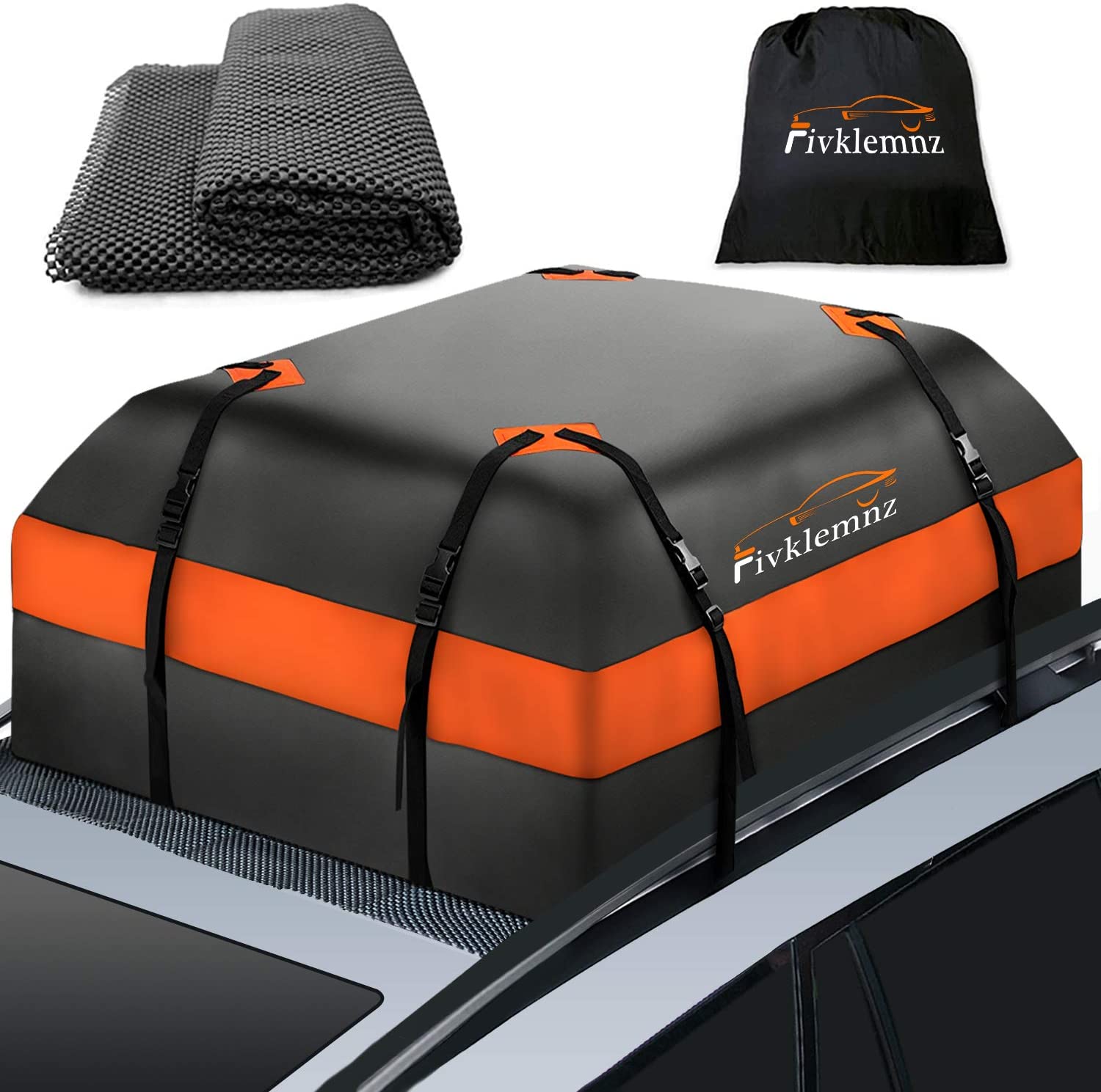 Fivklemnz Car Roof Bag Cargo Carrier, 15 Cubic Feet Waterproof Rooftop Cargo Carrier with Anti-Slip Mat + 8 Reinforced Straps + 4 Door Hooks Suitable for All Vehicle with/Without Rack