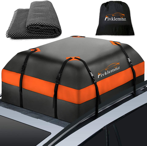 Fivklemnz Car Roof Bag Cargo Carrier, 15 Cubic Feet Waterproof Rooftop Cargo Carrier with Anti-Slip Mat + 8 Reinforced Straps + 4 Door Hooks Suitable for All Vehicle with/Without Rack