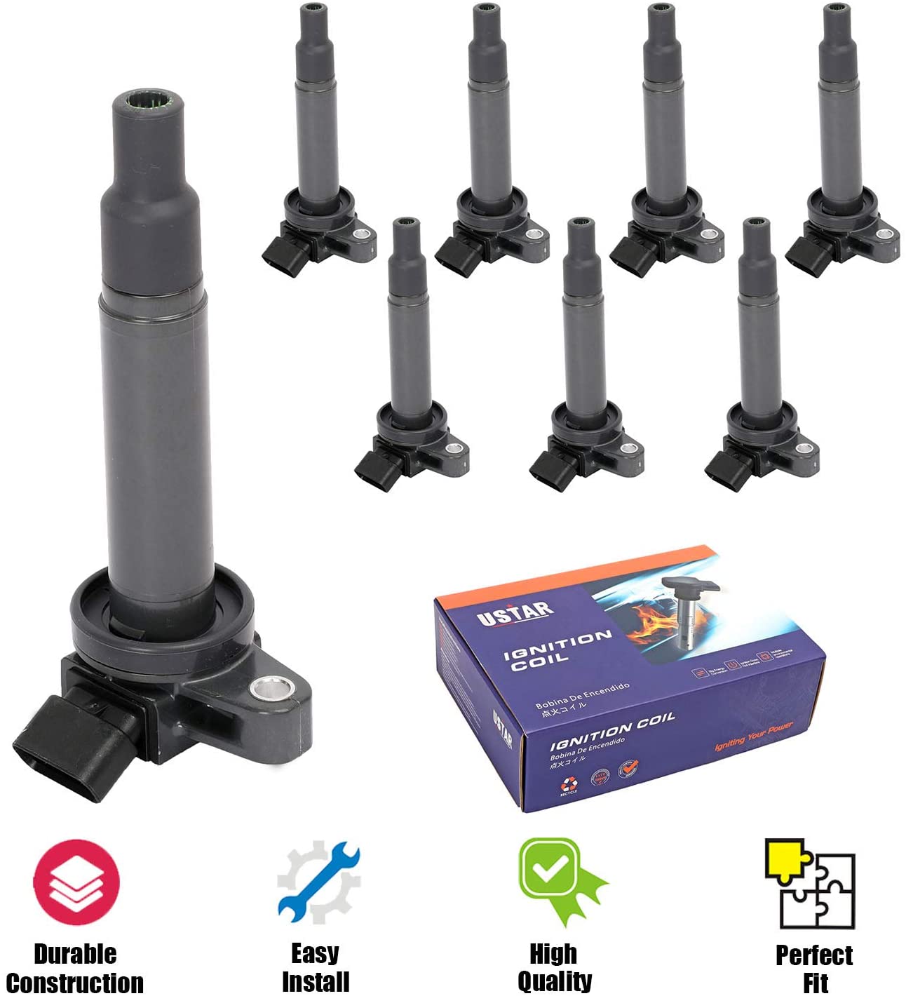 USTAR Ignition Coils 8 Pack for Toyota 4Runner Land Cruiser Sequoia Tundra Lexus GS430 GX470 LS430 LX470 SC430 Engine V8 4.3L 4.7L Replaces 90919-02230