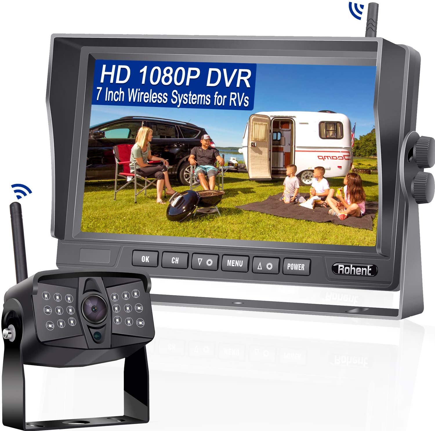 Rohent R7 HD 1080P RV Wireless Backup Camera with 7 Inch IPS Split Screen Monitor Rear View Camera Observation System for Trailers,Trucks,5th Wheels,IR Night Vision IP69K Waterproof 170 Degree View