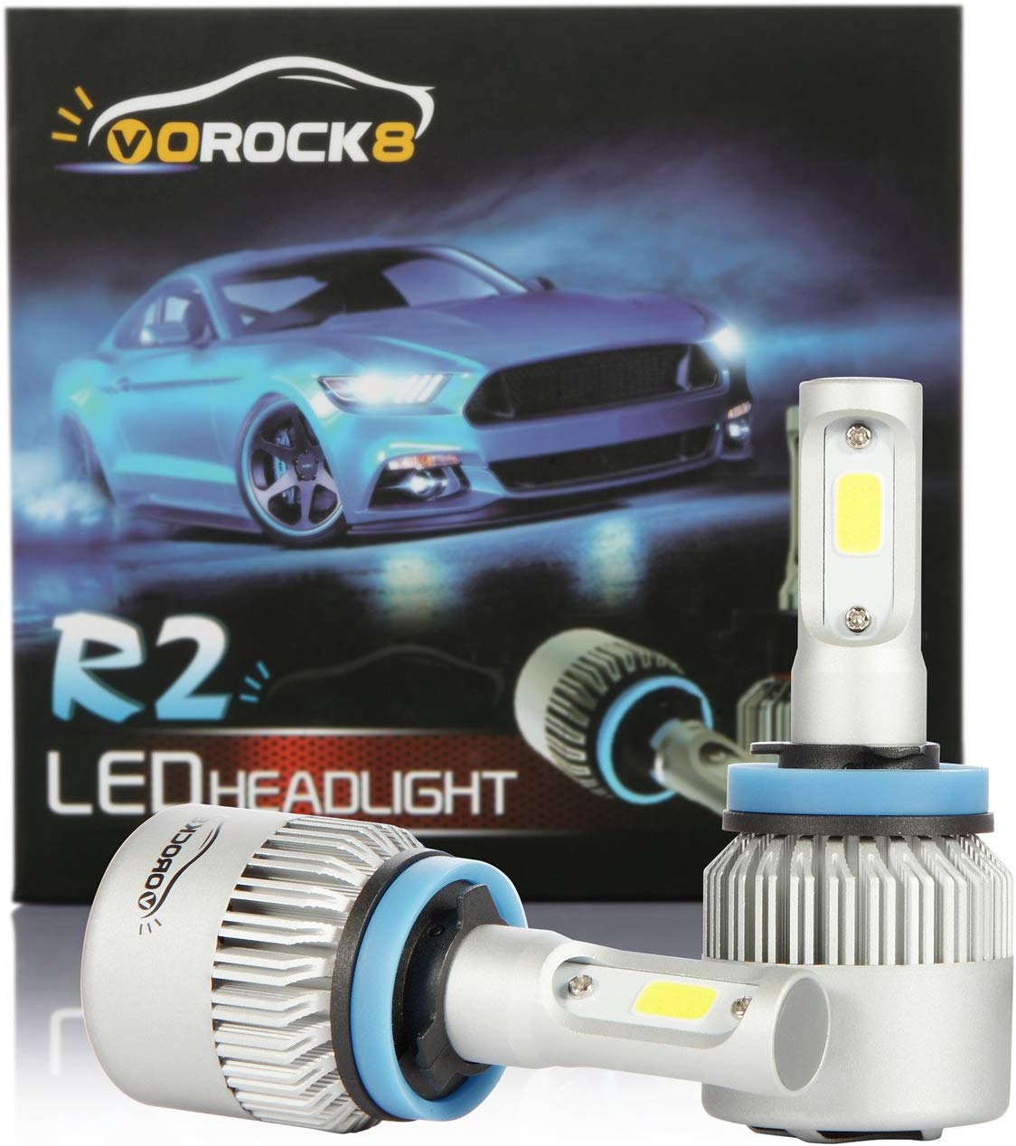 VoRock8 R2 COB H11 H8 H9 H16 8000 Lumens Led Headlight Conversion Kit, Low Beam Headlamp, Fog Driving Light, Halogen Head Light Replacement, 6500K Xenon White, 1 Pair