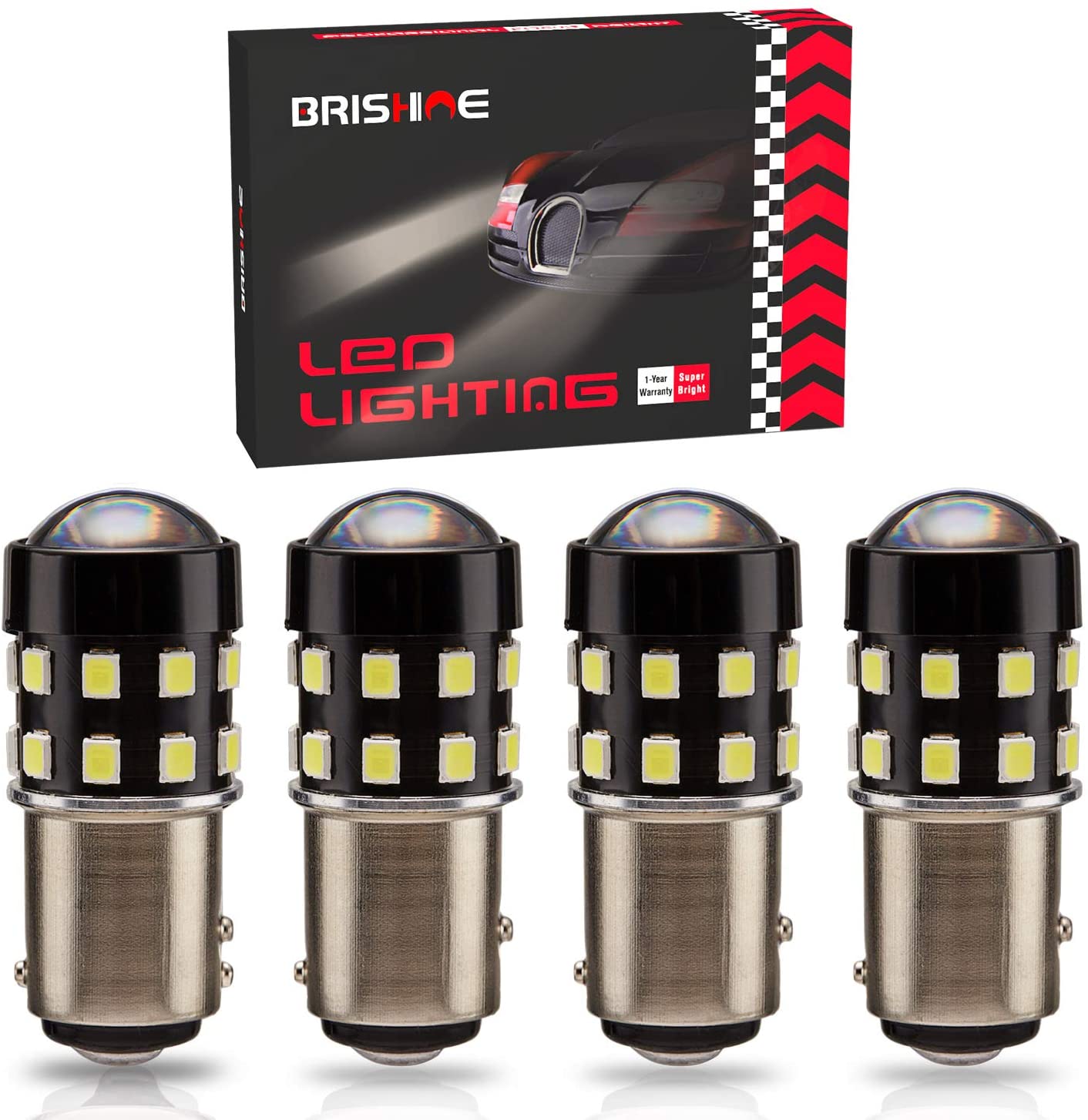 BRISHINE 4-Pack 1000 Lumens Super Bright 1157 2057 2357 7528 BAY15D LED Bulbs 6000K Xenon White 24-SMD LED Chipsets with Projector for Backup Reverse Lights, Parking Lights, Daytime Running Lights