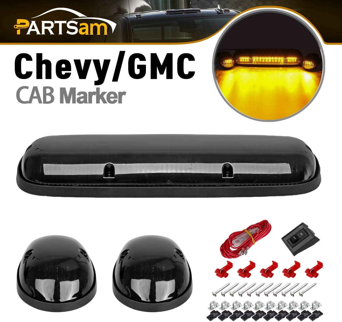 Partsam 3PCS 30LED Cab Marker Roof Running Lights Assembly Compatible with Chevrolet Silverado/GMC Sierra 1500 1500HD 2500 2500HD 3500 2002-2007 Trucks Lights + Wiring Pack