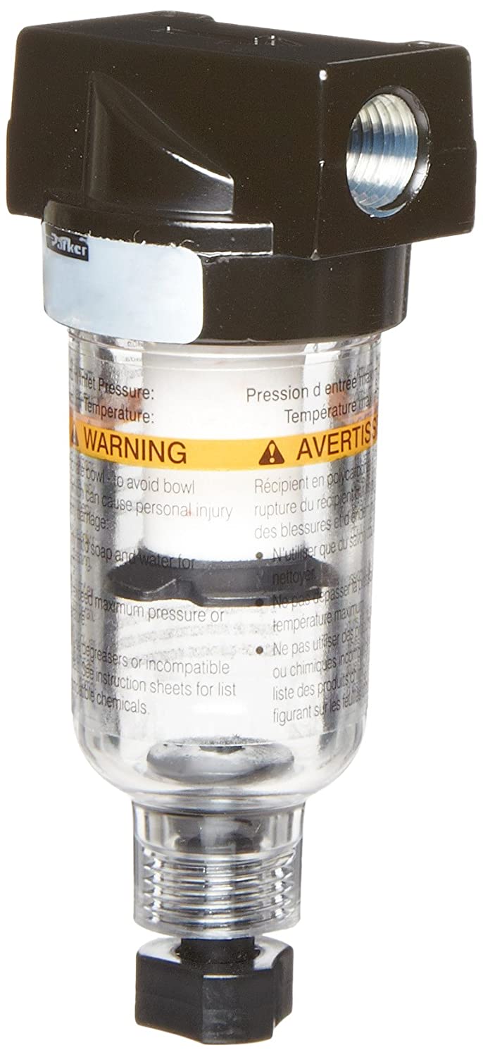 Parker 14F01BB Compressed Air Filter, Removes Particulate, Polycarbonate Bowl, Manual Drain, 5 Micron, 22 scfm, 1/8