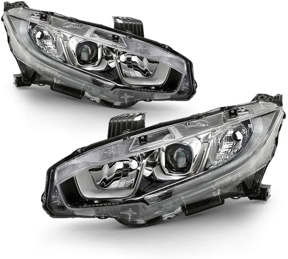 VIPMOTOZ Chrome Bezel OE-Style Projector Headlight Housing Headlamp Replacement For 2016-2019 Honda Civic Halogen Models - Built-In Rainbow RGB LED Low Beam, Driver & Passenger Side