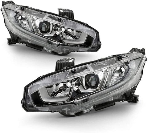 VIPMOTOZ Chrome Bezel OE-Style Projector Headlight Housing Headlamp Replacement For 2016-2019 Honda Civic Halogen Models - Built-In Rainbow RGB LED Low Beam, Driver & Passenger Side