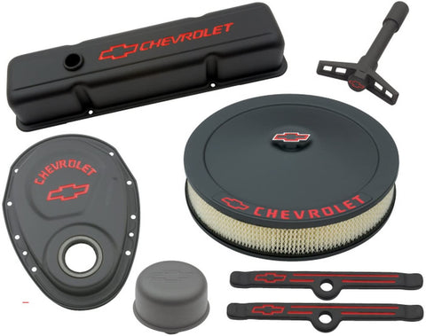 Proform 141-758 Black Crinkle Engine Dress-Up Kit with Red Chevrolet/Bowtie Logo for Small Block Chevy