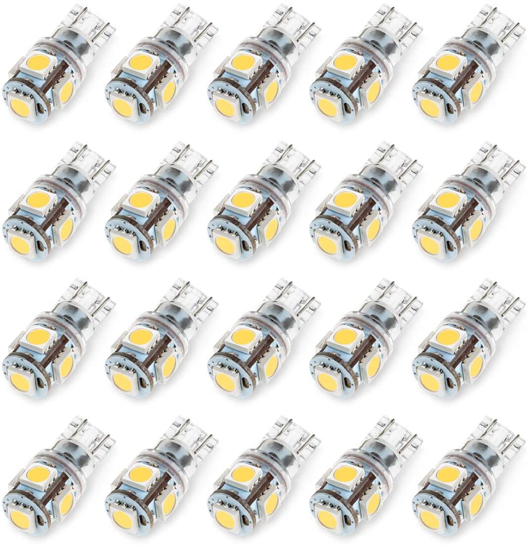 KAFEEK 20x T10 Wedge 194 168 2825 W5W LED Bulbs, Super Bright 5-5050 Chipset, CAN-Bus Error Free, Interior Lights, License Plate Dome Map Door Courtesy Park Lights,Xenon White