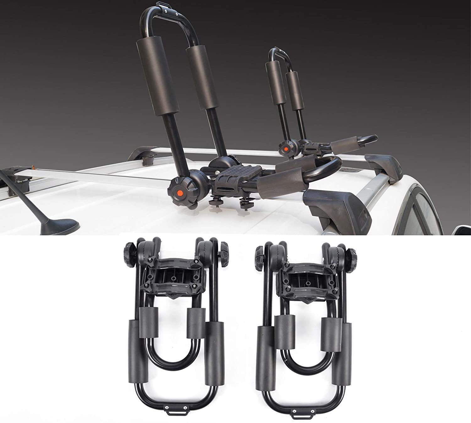 HANSCOSTAR 2pcs J-Bar Kayak/Canoe/Surf Ski/Boat/Snowboard Roof Rack Carrier Mounted on Car SUV and Truck Crossbar