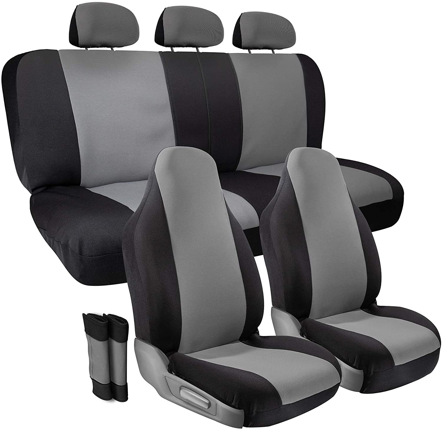 Car Seat Cover Protectors- Grip Control Non-Slip Poly Cloth Black and Gray Front Low Bucket and 50-50 or 60-40 Rear Split Bench Universal Fit for Automotive Cars, Trucks, SUVs, Vans- 10 Piece Full Set
