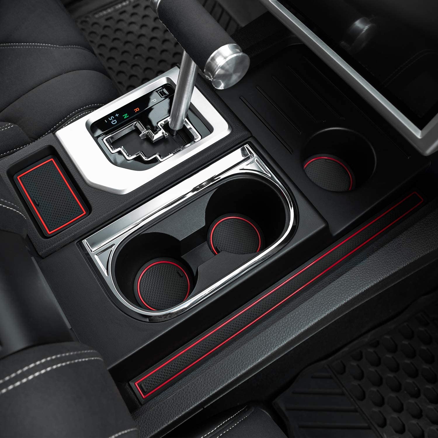 JDMCAR Custom Liner Accessories Compatible with Toyota Tundra 2014-2020, Premium Cup Holder, Console, and Door Pocket Inserts Kit - (Bucket Seat,Red Trim)