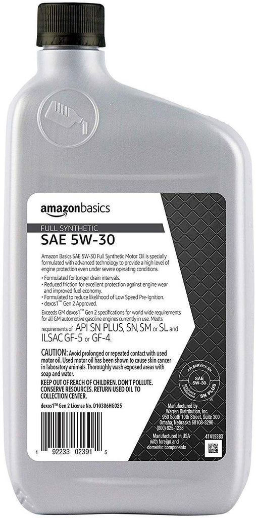 AmazonBasics Full Synthetic Motor Oil, SN Plus, dexos1Gen2, 5W30, 1