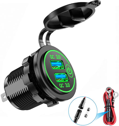 YONHAN Quick Charge 3.0 Dual USB Car Charger with Switch, Waterproof 36W 12V USB Outlet Fast Charger Power Outlet for Marine Boat Motorcycle Truck Golf Cart and More Red