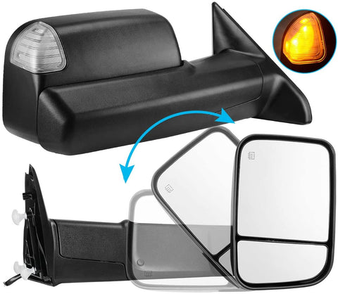 AUTOSAVER88 Towing Mirror Compatible with 2009-2017 Dodge Ram 1500 2500 3500 Pickup, Foldaway Power Heated LED Puddle Signals Tow Mirrors Pair Set with Ambient Temperature Sensor (ATMR0004)