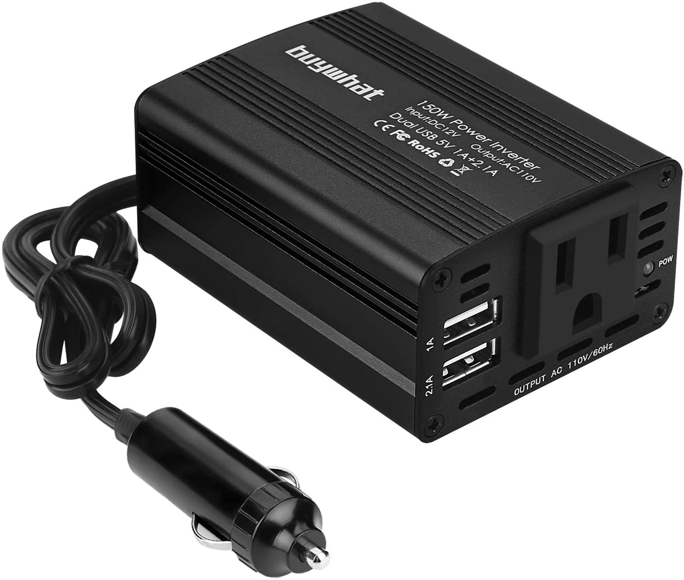 Buywhat 150W Power Inverter DC 12V to 110V AC Converter Car Plug Adapter Outlet Charger for Laptop Computer (150W Black)