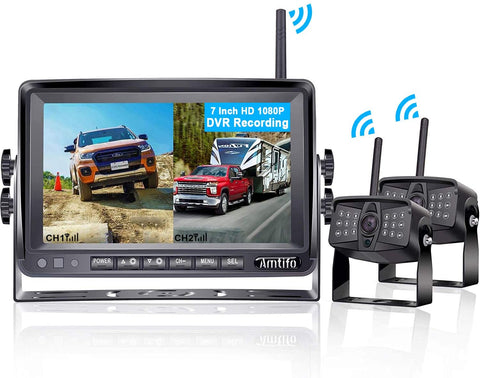 AMTIFO A9 FHD 1080P 7 Inch RV Backup System with 2 Rear View Camera, Support Split/Quard Screen for RVs,Trailers,5th Wheels,Motorhomes,DVR High-Speed Observation System