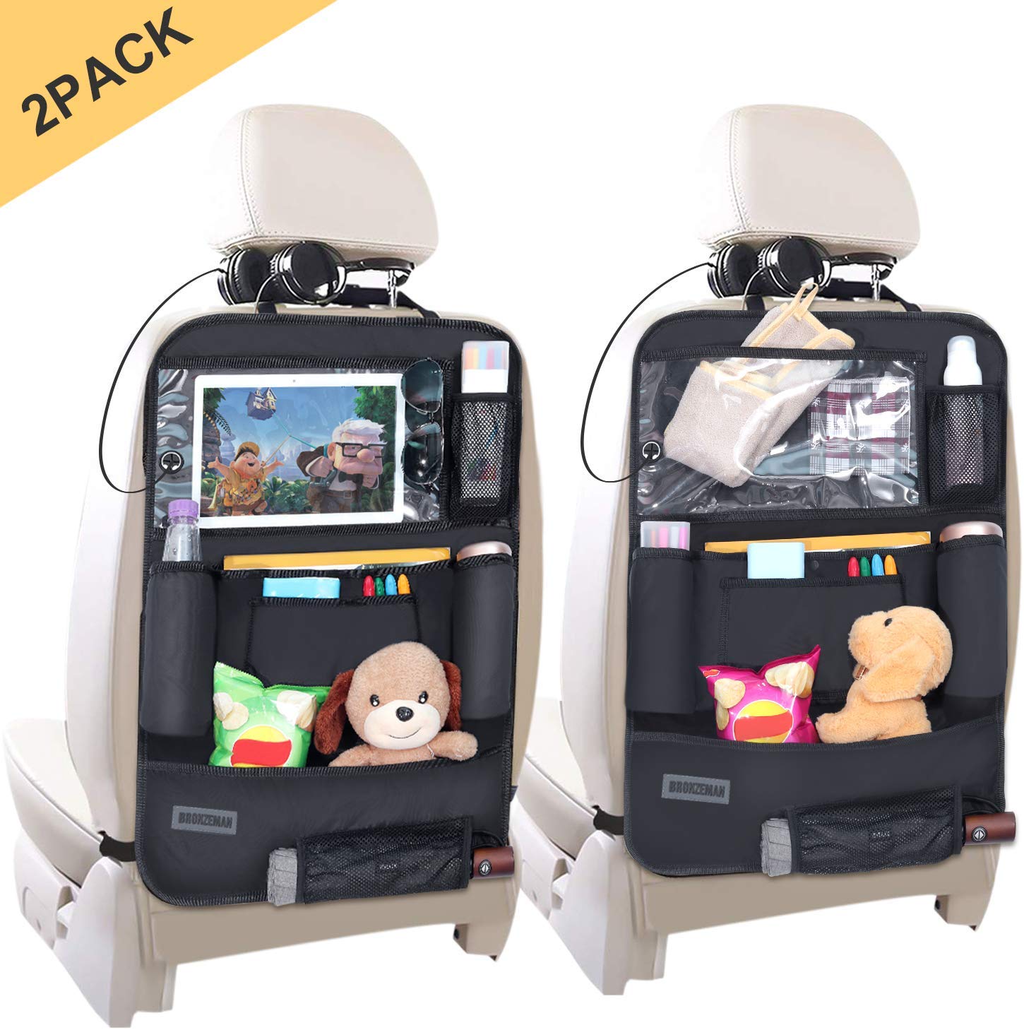 Backseat Car Organizer with Clear View iPad Holder– Large Transparent Waterproof Pocket for New Gen 13.9” Touchscreen Tablet, Storage Pouches, Kick Mat for Kids – Hanging Organization Caddy, 2 Pack