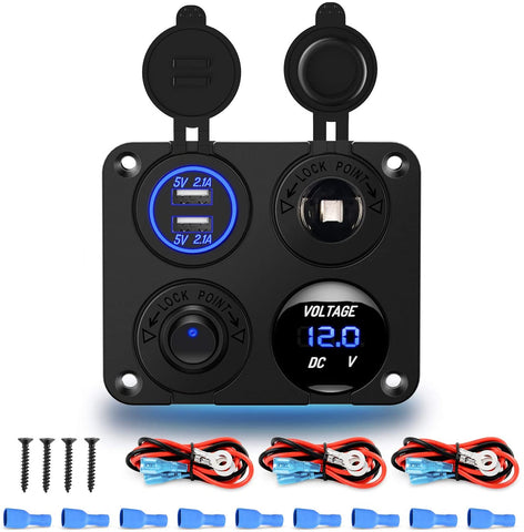 Nilight 4 in 1 ON/OFF Charger Socket Panel Dual USB Socket Power Outlet & LED Voltmeter &Cigarette Lighter Socket& LED Lighted ON Off Rocker Toggle Switch for Truck Car Marine Boats RV,2 Yeas Warranty
