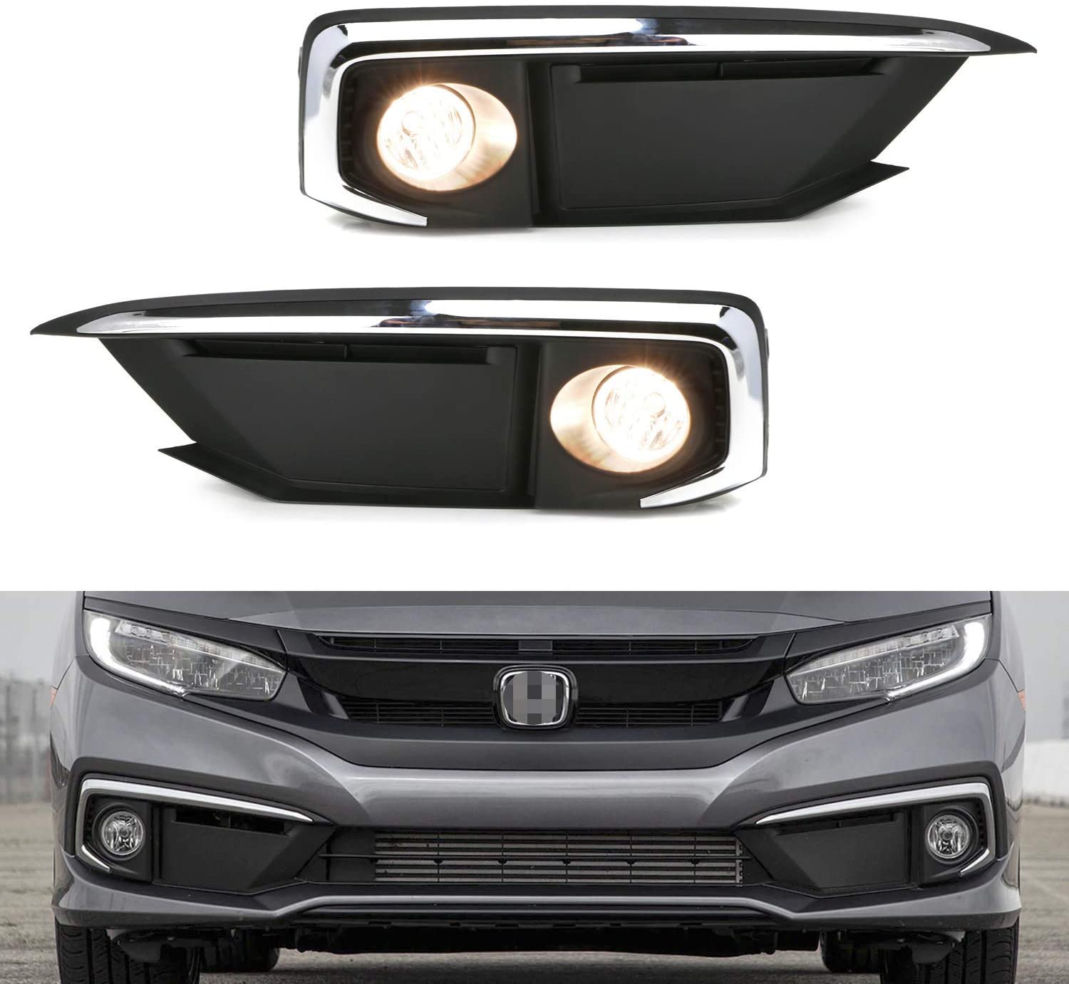 iJDMTOY OEM-Spec Complete Clear Lens Fog Lights Kit with Halogen Bulbs, Wiring On/Off Switch and Garnish Bezel Covers/Brackets Compatible With 2019-up Honda Civic Sedan (89-416-Clear)