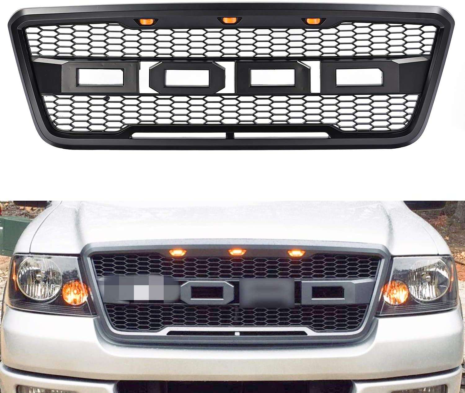 Matte Black Front Grill Hood Grille compatible with Ford F150 Raptor Style 2004-2008,for Replaceable Letters f&r Letters