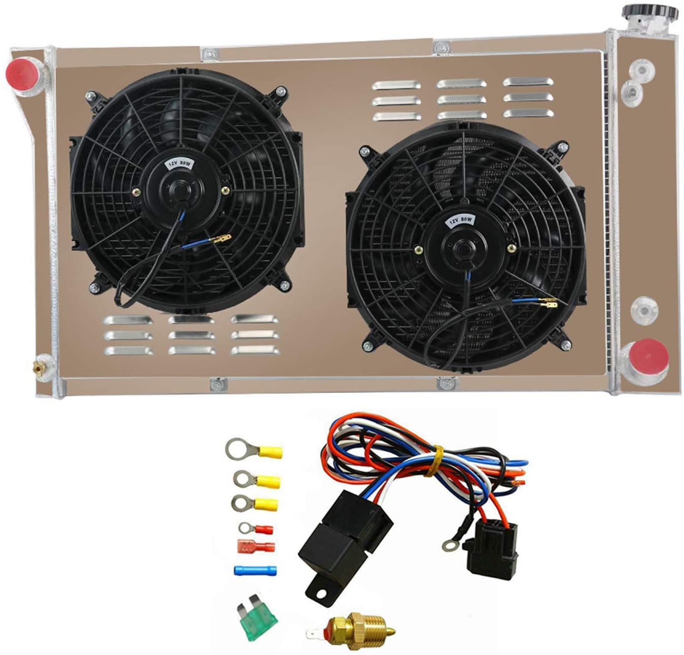 ALLOYWORKS Checy C/K Series Radiator, 3 Row Aluminum Radiator+Shroud Fan+Relay For 1967-1972 Chevy C10 C20 K10 K20 K30 Pickup Truck / 67-72 GMC