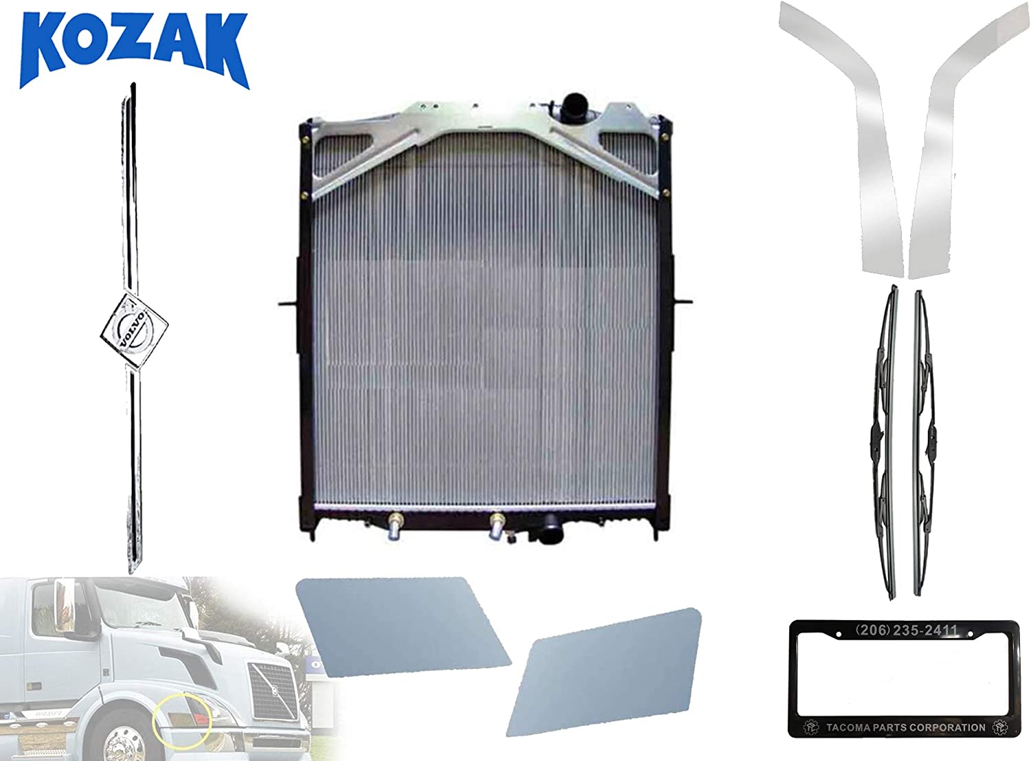 Replacement Radiator With Frame 20984815 for Volvo VNL and Mack CHN, CHU613 SFA PLUS Volvo Logo, Chrome Fender Guard Trim, Behind the Headlight Chrome Trim, 2x22