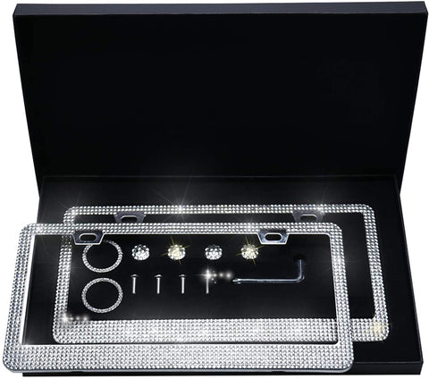 LivTee 2 Pack Luxury Handcrafted Bling White Rhinestone Premium Stainless Steel License Plate Frame with Gift Box | 14 Facets SS20 Clear White Rhinestone Crystal | Anti-Theft Screw Cap
