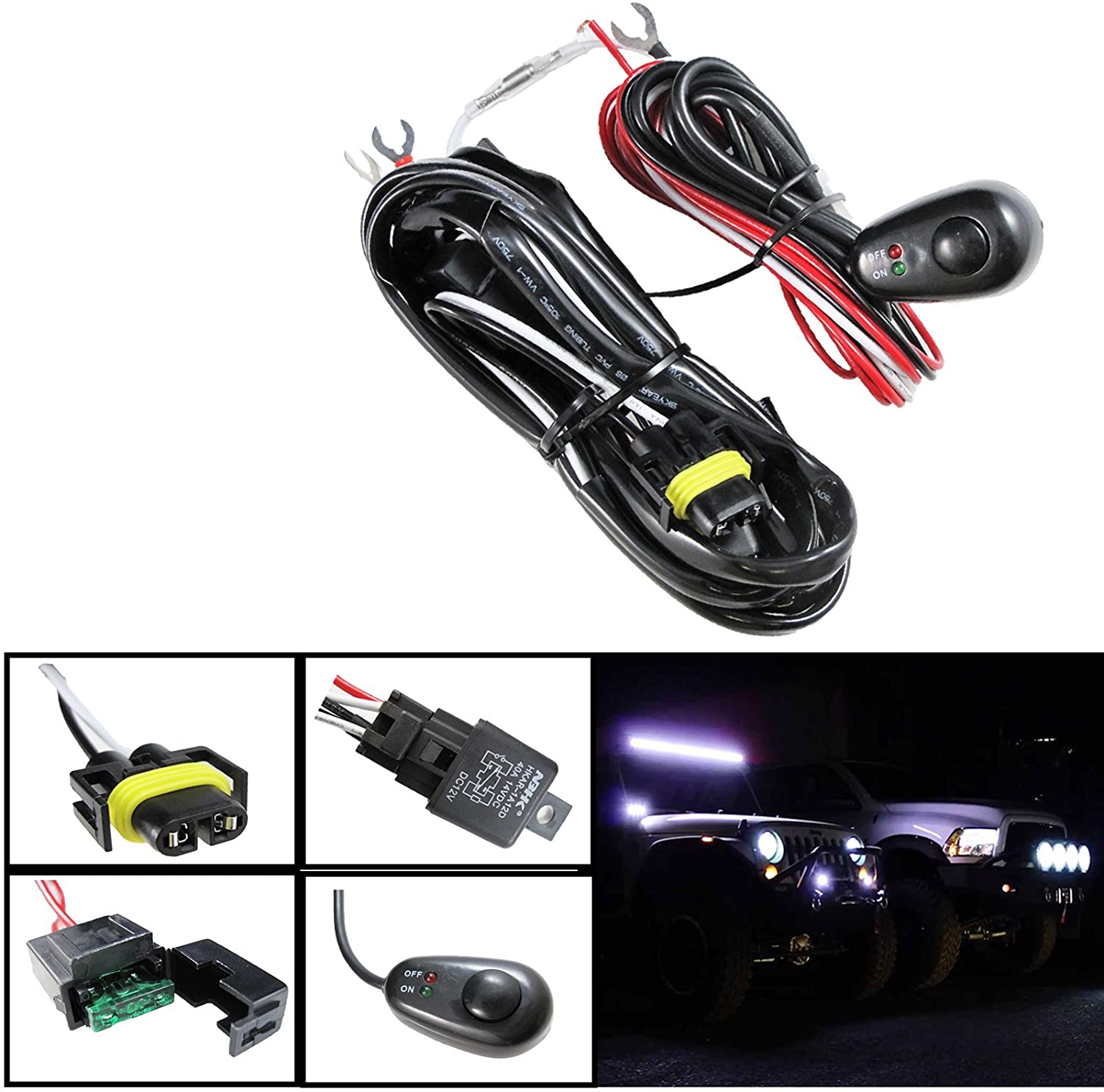 Xotic Tech H11 H8 Relay Harness Wire Kit + LED ON/Off Switch for for Aftermarket Fog Lights, Driving Lights, LED Work Lamp, etc
