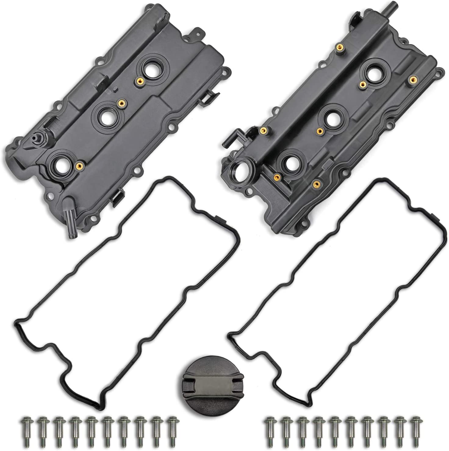 Engine Valve Cover Set with Bolts & Oil Cap & Gaskets & Spark Plug Tube Seals & PCV Valve Compatible with 2002-2009 Nissan Altima Maxima Murano Quest Infiniti I35 VQ35DE V6 3.5L Part# 264-984 265-985