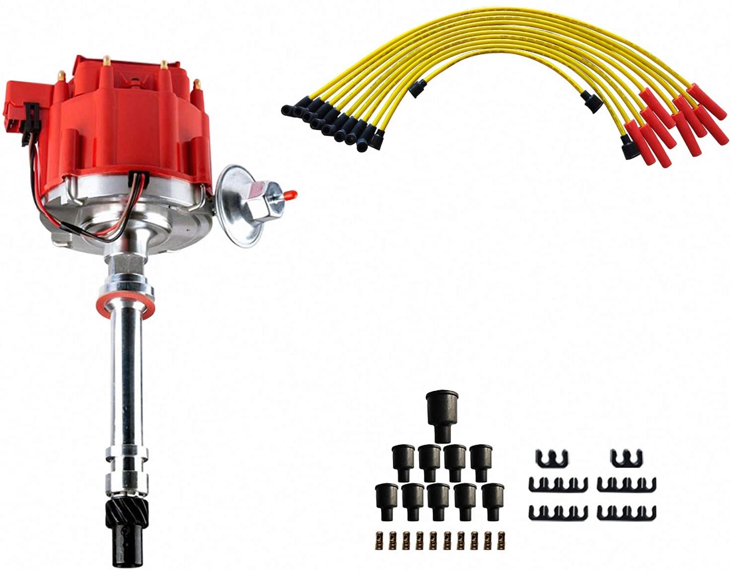 MAS Ignition Distributor w/Cap & Rotor and Spark Plug Wires Ignition Combo Kit GM08 GM08WIRE Compatible with Chevy SBC 350 BBC 454 HEI DD-SBC-HEI-V8 850001R GM08