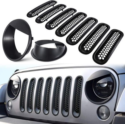 E-cowlboy Front Grille Mesh Inserts & Headlight Cover for Jeep Wrangler JK JKU 2007-2017【Upgrade Matte Black Clip-on Version】