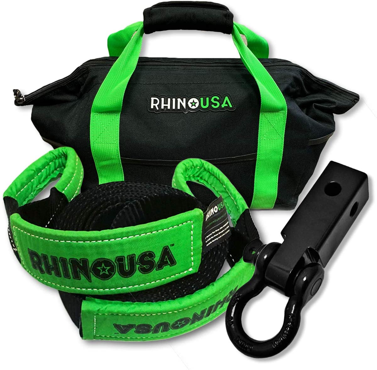Rhino USA Combo Recovery Tow Strap (20ft) & Shackle Hitch Receiver - Lab Tested 31,518lb Break Strength - Heavy Duty Draw String Bag Included - Triple Reinforced Loop End to Ensure Peace of Mind (20' Strap + Hitch)